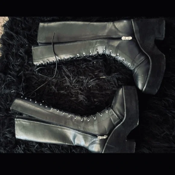 Holographic Bat black Goth Tall Lace-Up Combat Heeled boots - Picture 4 of 6